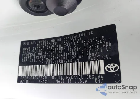 2024 Toyota Corolla Le z USA, uszkodzony, nr VIN 5YFB4MDE5RP208971